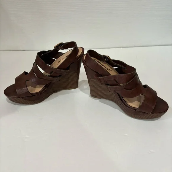 DOLLHOUSE Faux Leather Open Toe Strappy Platform Sandal Wedges - brown, size 6.5 - Picture 5 of 8